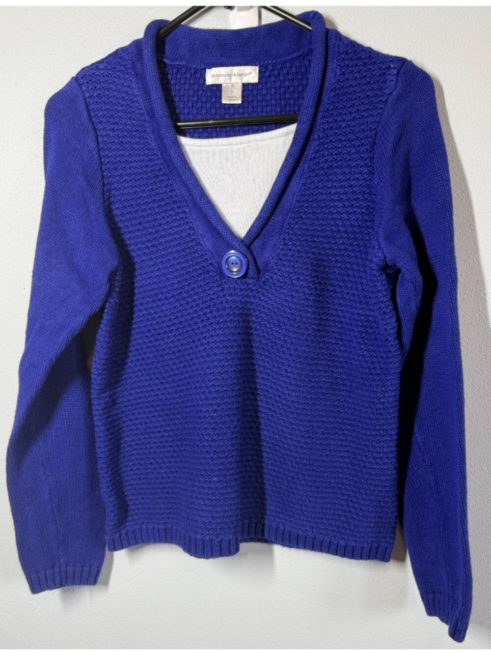 VTG Christopher & Banks Blue V-Neck Knit Sweater Small Classic Chic Preppy Casua
